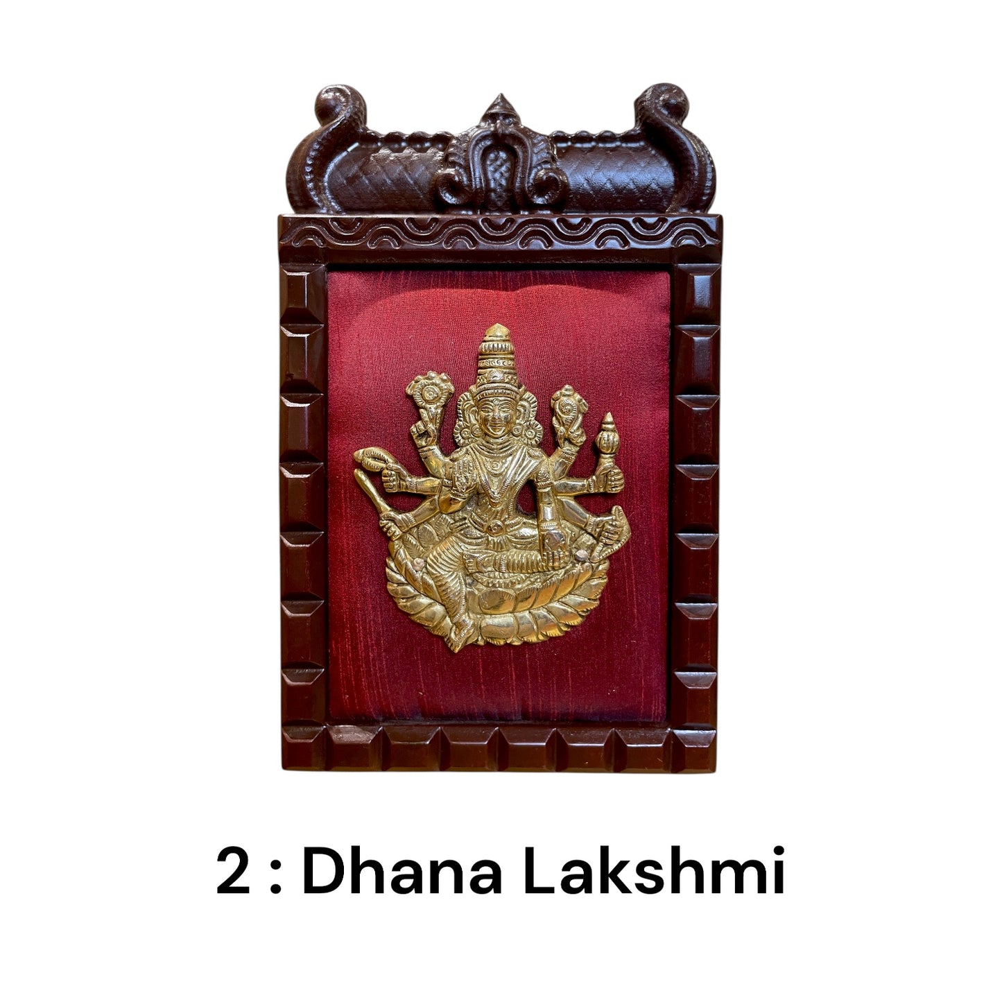 Brass Ashtalakshmi on Maroon Red Silk with 8 Sacred Elements in Temple Wooden Frame-2