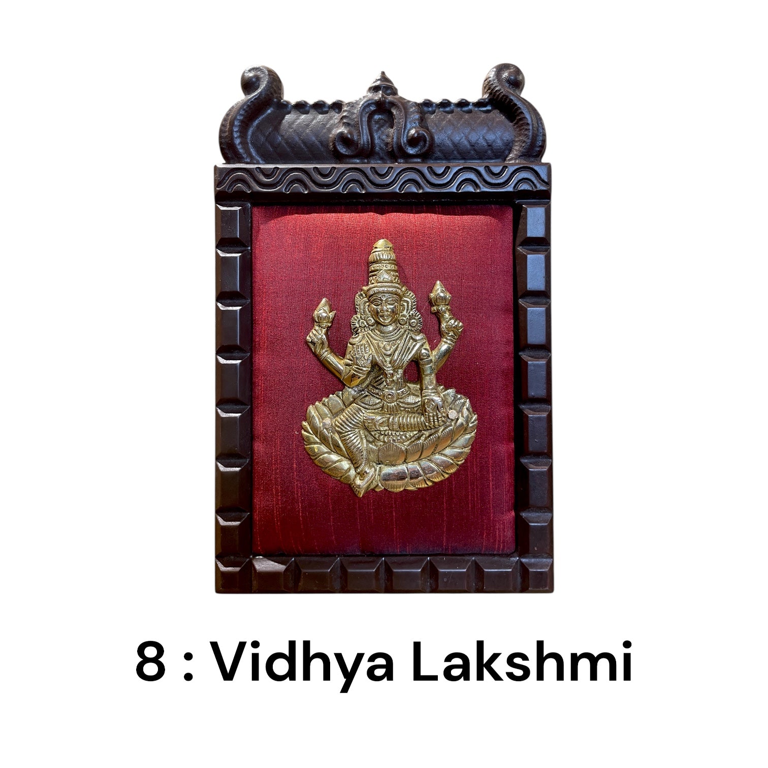 Brass Ashtalakshmi on Maroon Red Silk with 8 Sacred Elements in Temple Wooden Frame-2
