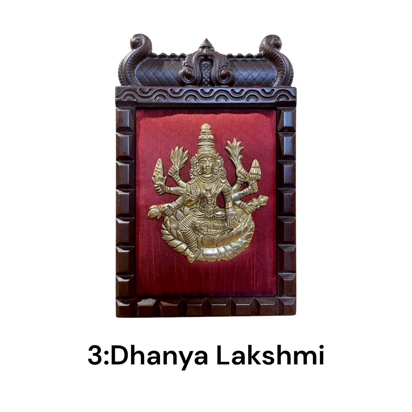 Brass Ashtalakshmi on Maroon Red Silk with 8 Sacred Elements in Temple Wooden Frame-2