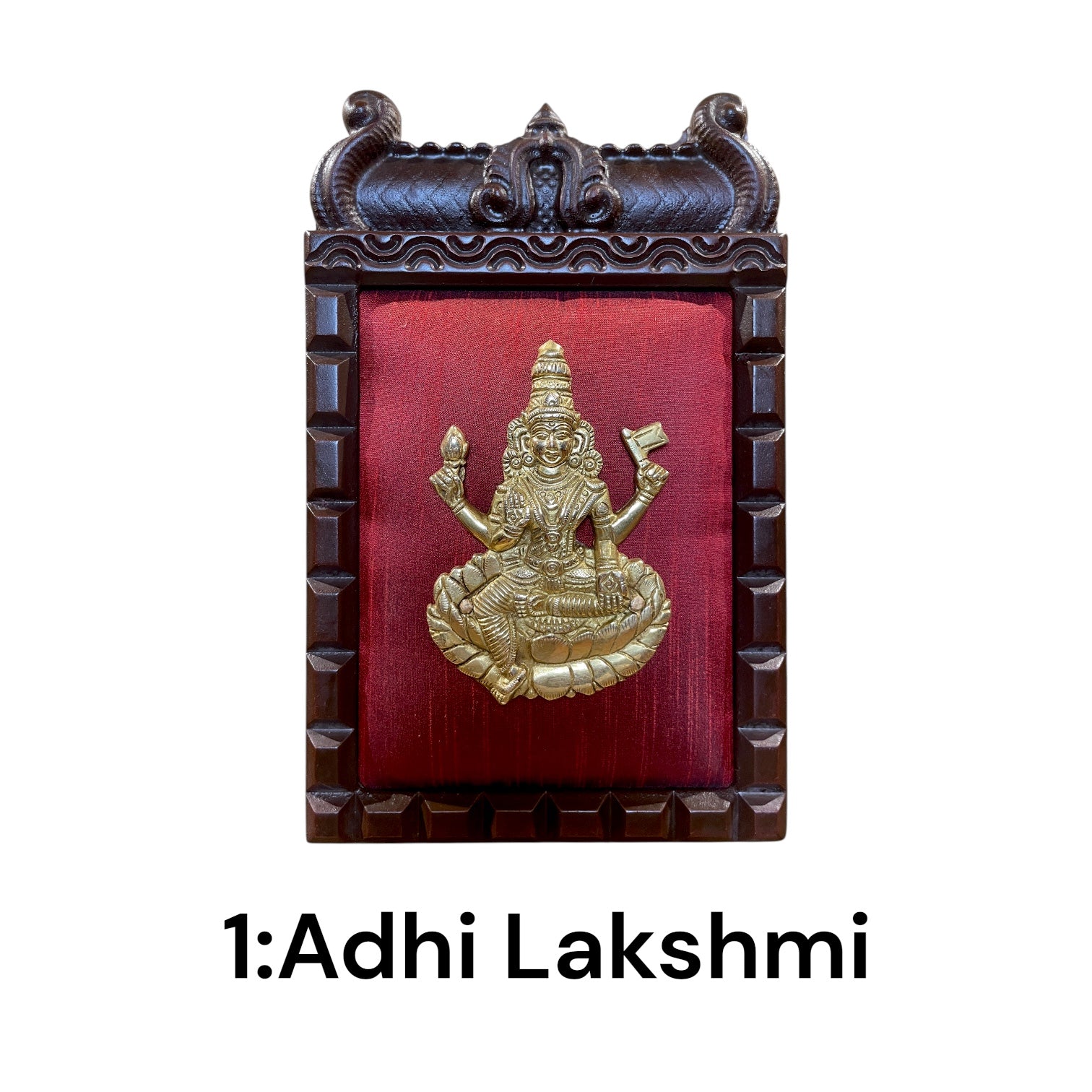 Brass Ashtalakshmi on Maroon Red Silk with 8 Sacred Elements in Temple Wooden Frame-2