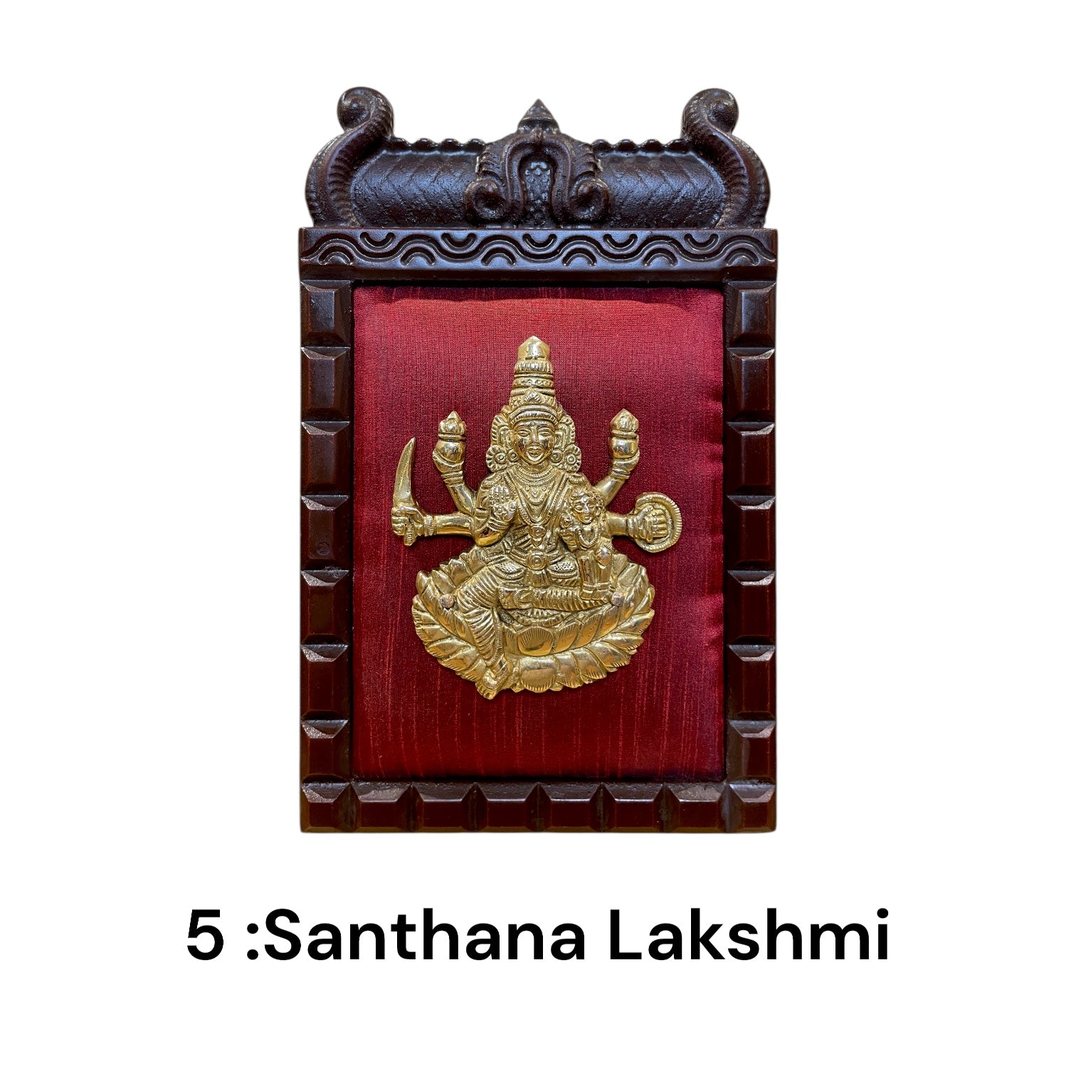 Brass Ashtalakshmi on Maroon Red Silk with 8 Sacred Elements in Temple Wooden Frame-2