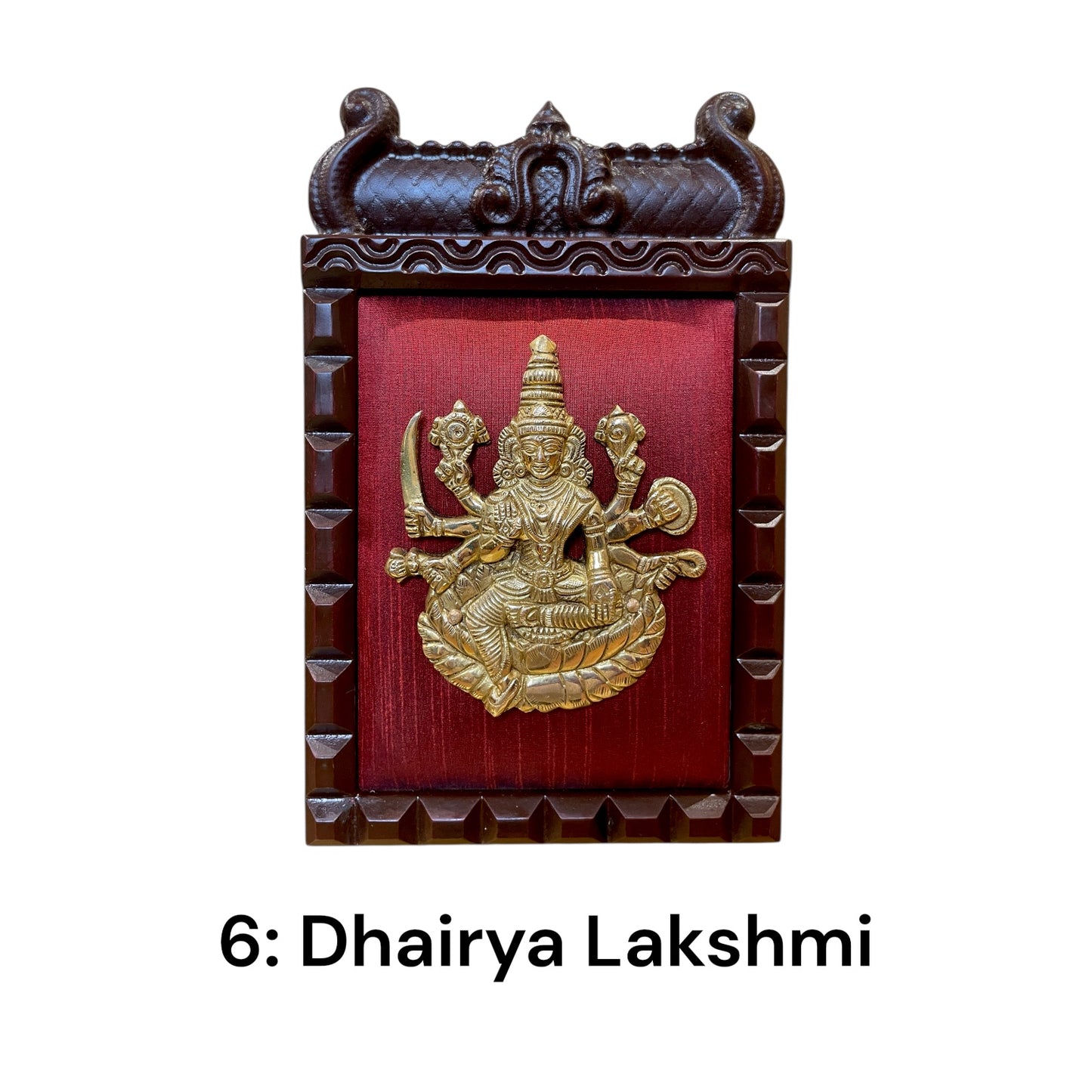 Brass Ashtalakshmi on Maroon Red Silk with 8 Sacred Elements in Temple Wooden Frame-2