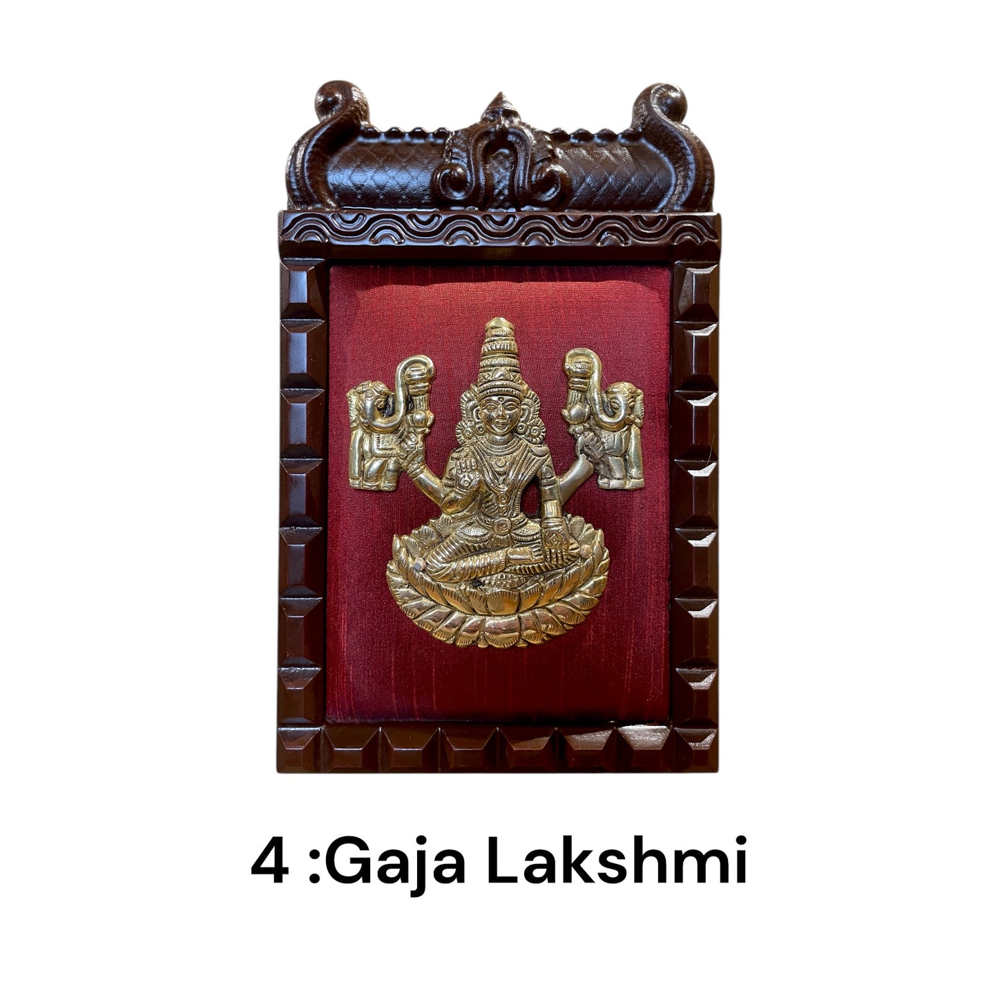 Brass Ashtalakshmi on Maroon Red Silk with 8 Sacred Elements in Temple Wooden Frame-2