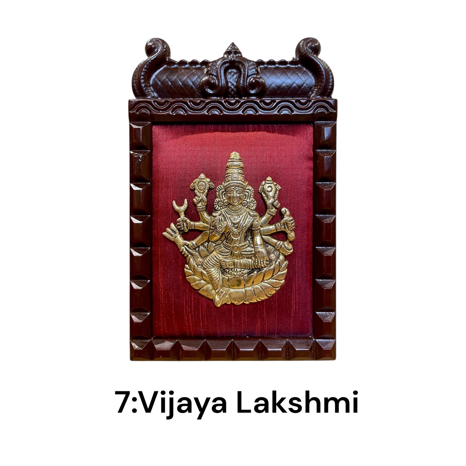 Brass Ashtalakshmi on Maroon Red Silk with 8 Sacred Elements in Temple Wooden Frame-2