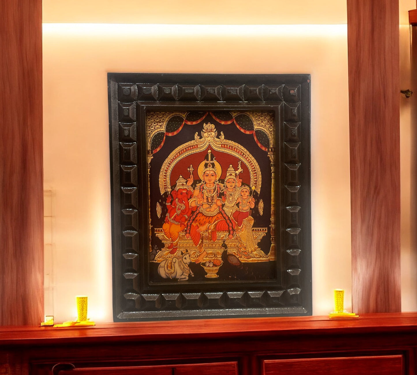 Shiva Parivar-2 Gold foiled Art within wooden Frame