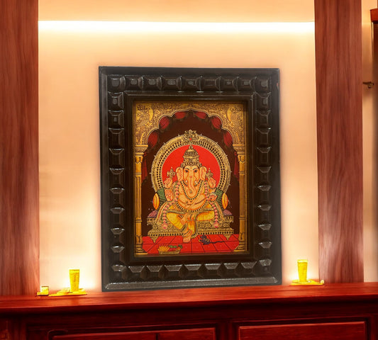 Shree Ganesha-2 Gold Leafed Art With Wooden Frame