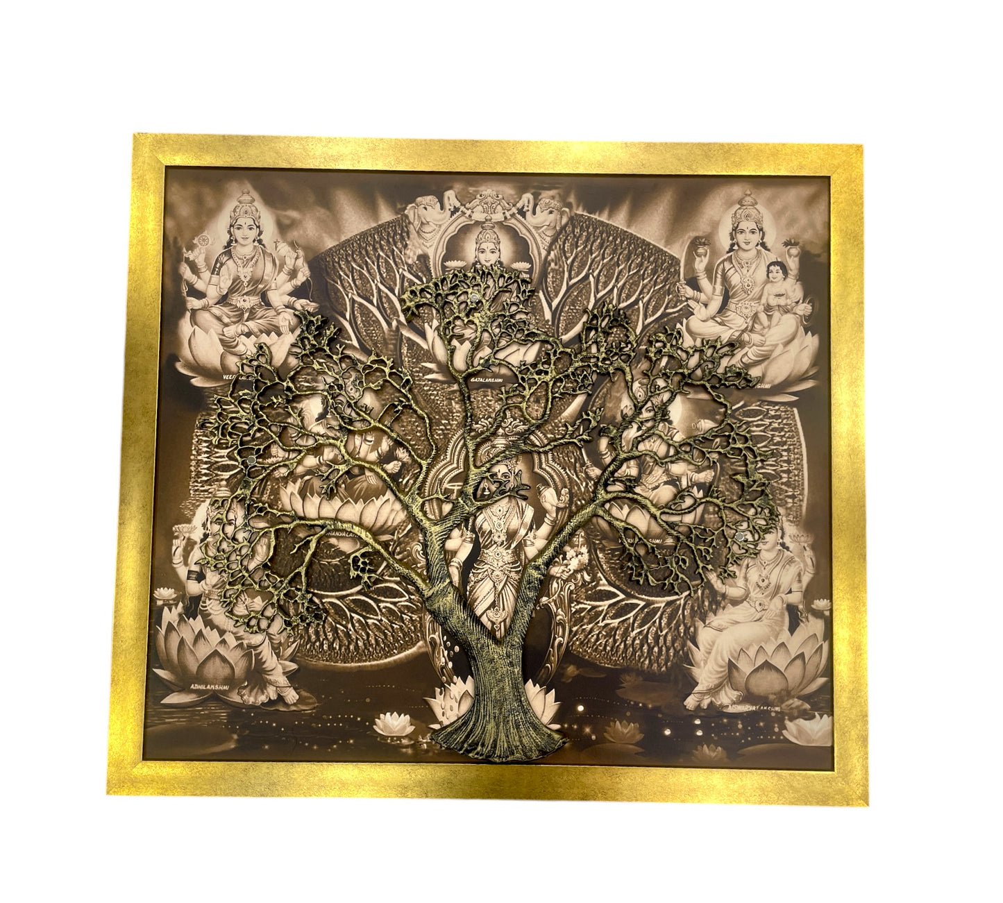 Tree of Life - Metal Kalpavriksha with Astalakshmi Backdrop & Gold moulded Frame