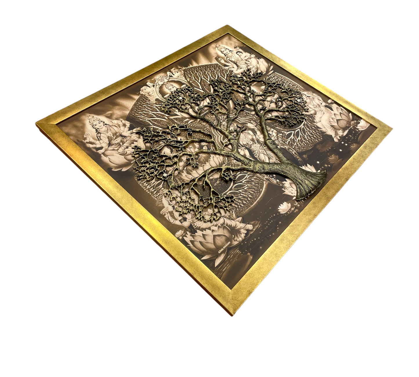 Tree of Life - Metal Kalpavriksha with Astalakshmi Backdrop & Gold moulded Frame