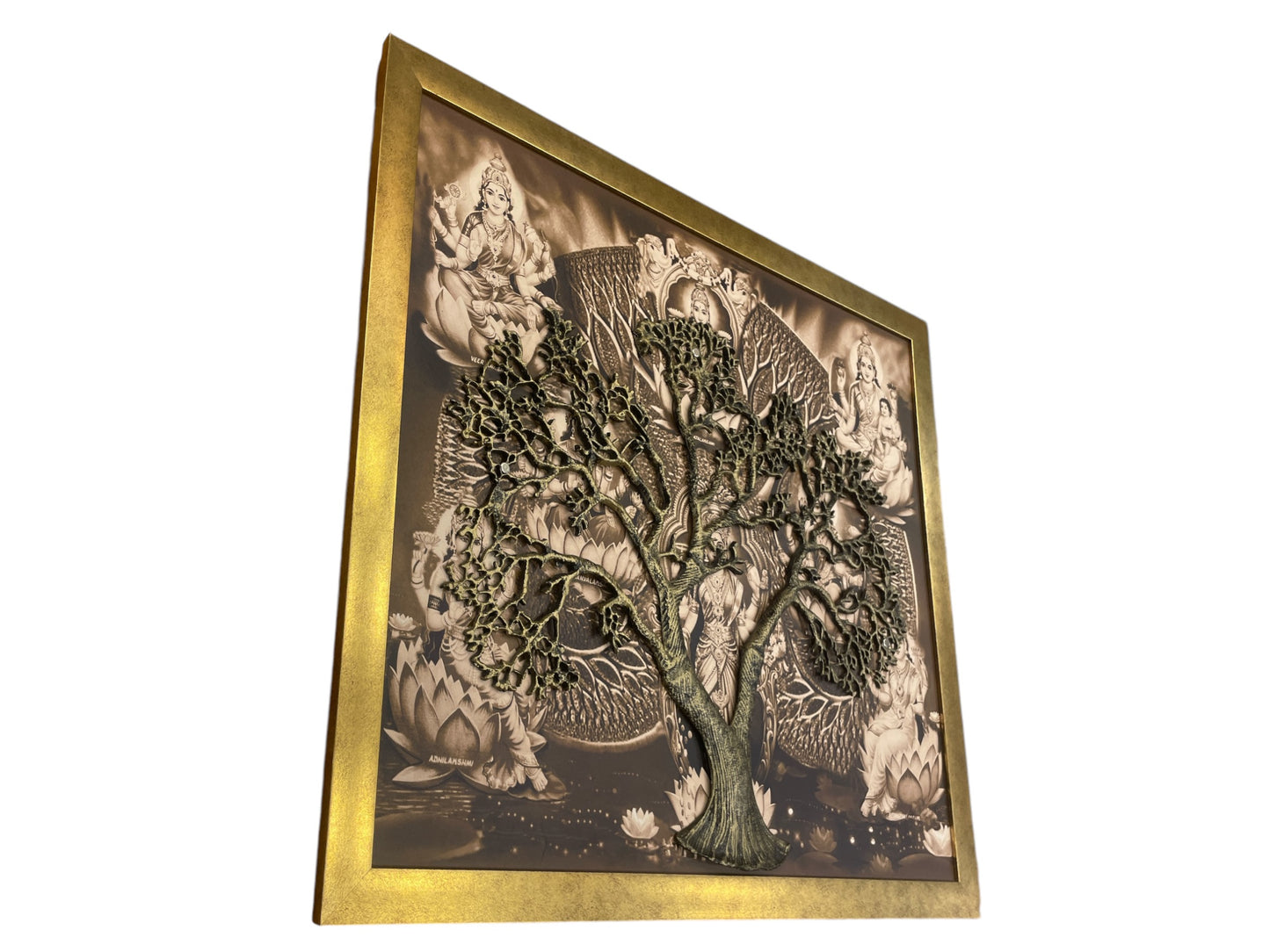 Tree of Life - Metal Kalpavriksha with Astalakshmi Backdrop & Gold moulded Frame