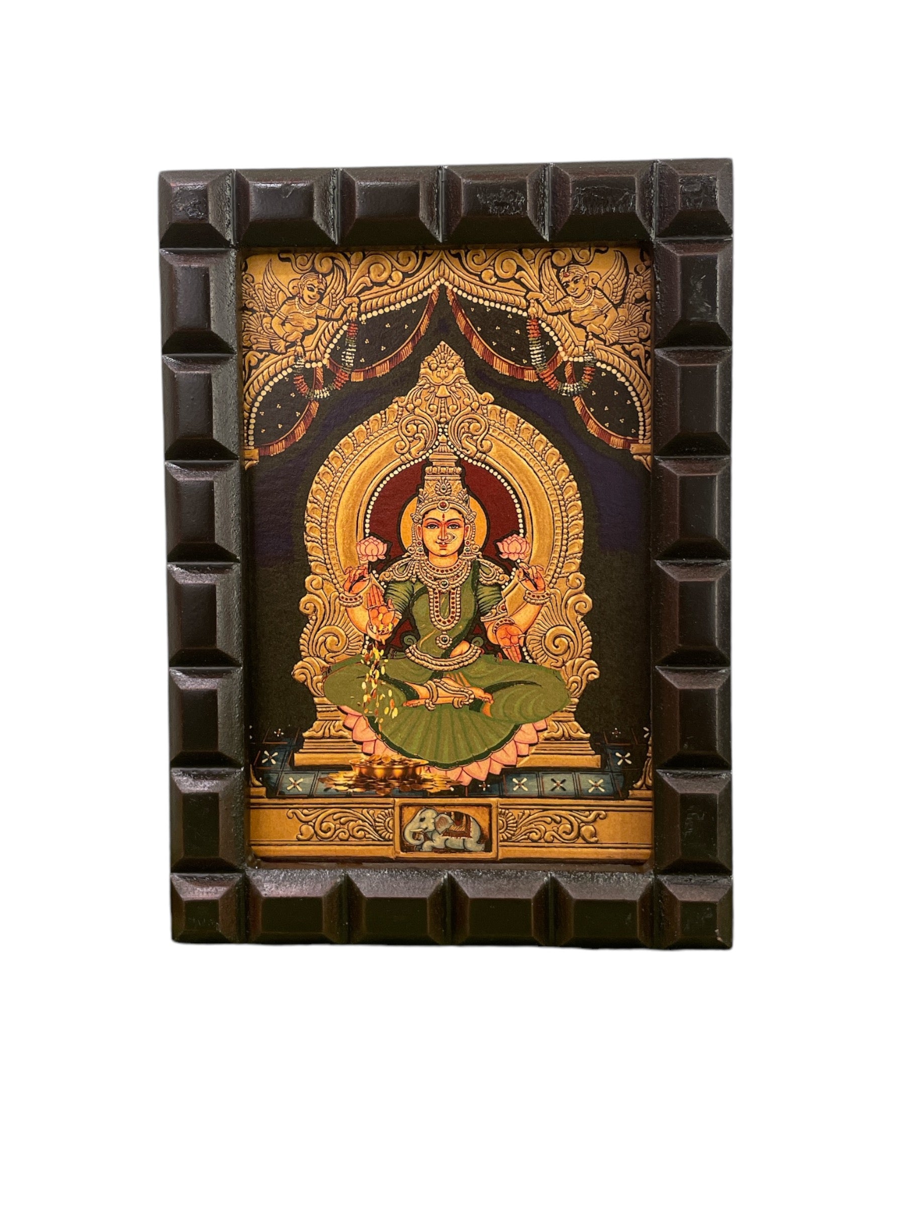 Shree Lakshmi-2 (Green Saree) Gold Leafed Art within Wooden frame