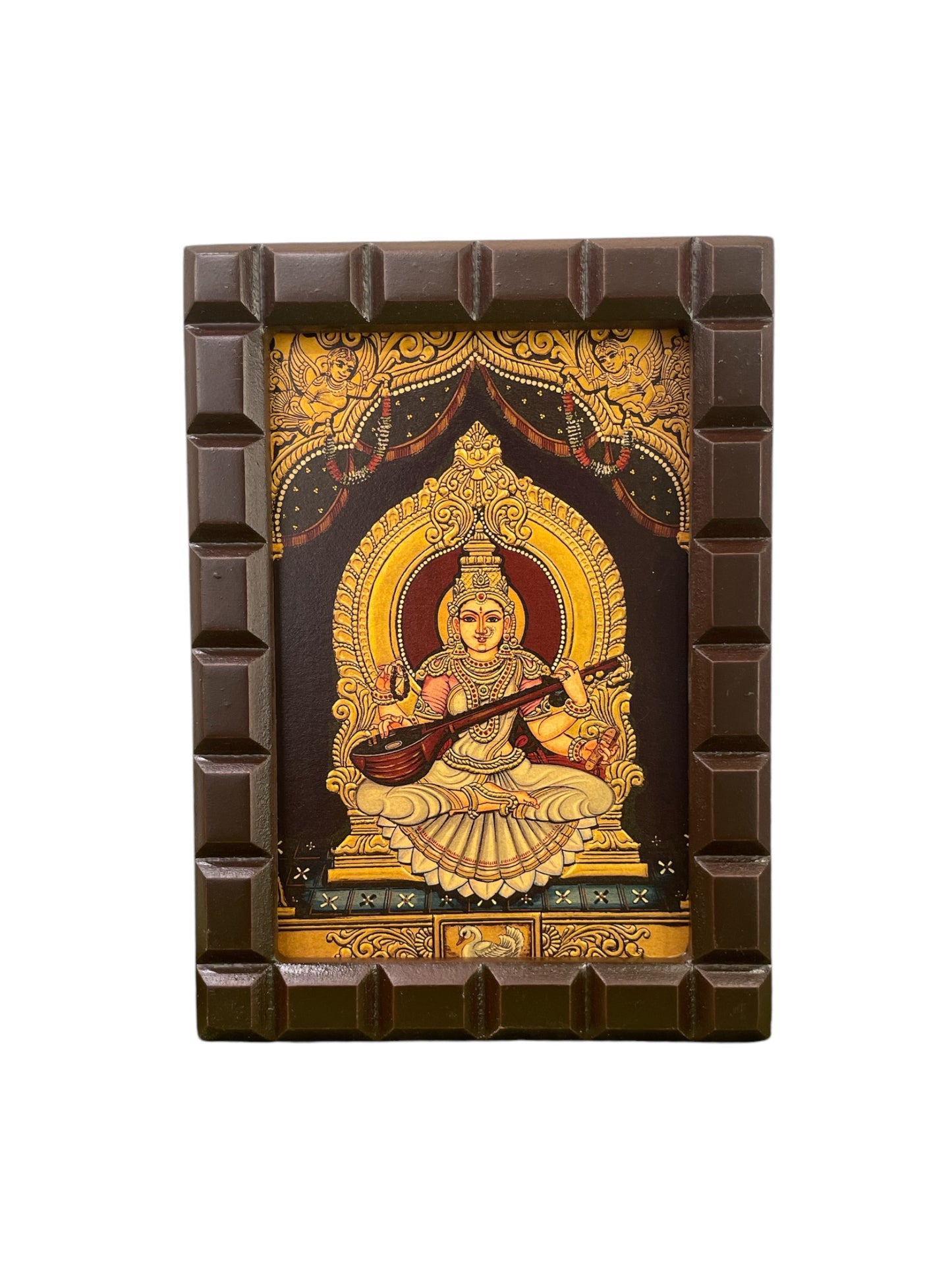 Goddess Saraswati Gold Leafed Art With Wooden Frame