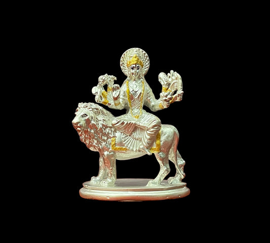 Silver Durga Matha idol seated on a lion