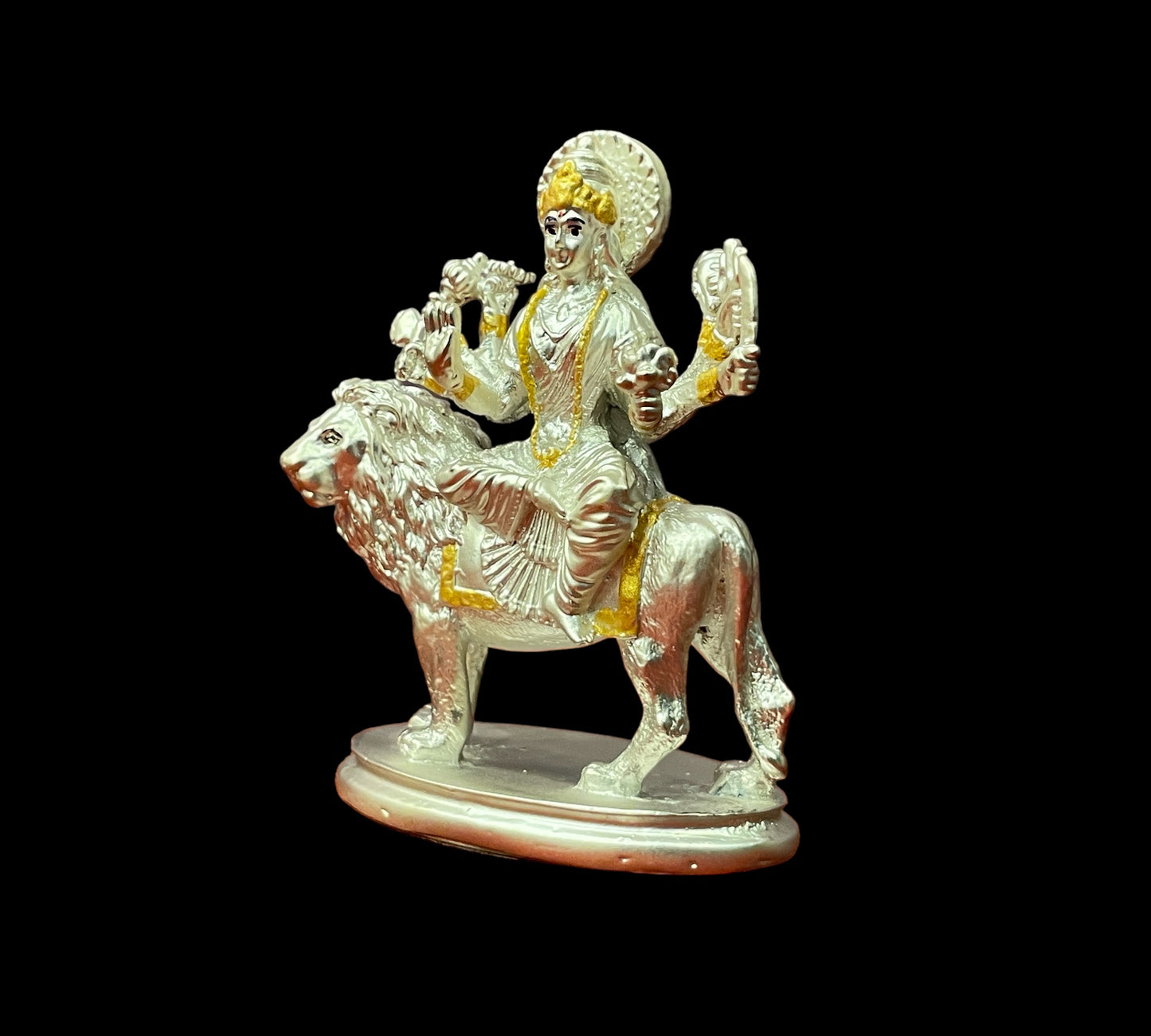 Silver Durga Matha idol seated on a lion