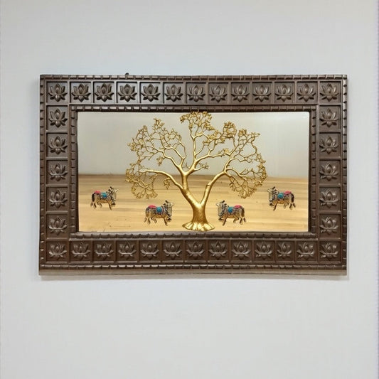 Brass Kalpavriksha with Kamadhenu Wall Art | Mirror Backdrop & Wooden Frame | Vastu Prosperity Decor
