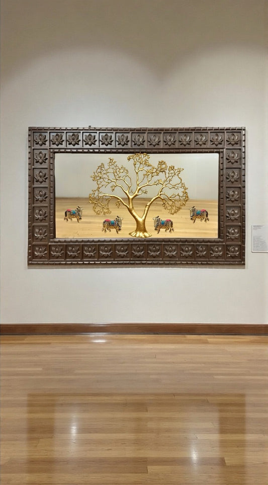 Brass Kalpavriksha with Kamadhenu Wall Art | Mirror Backdrop & Wooden Frame | Vastu Prosperity Decor