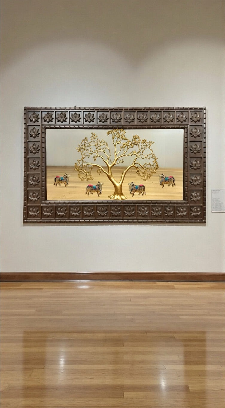 Brass Kalpavriksha with Kamadhenu Wall Art | Mirror Backdrop & Wooden Frame | Vastu Prosperity Decor