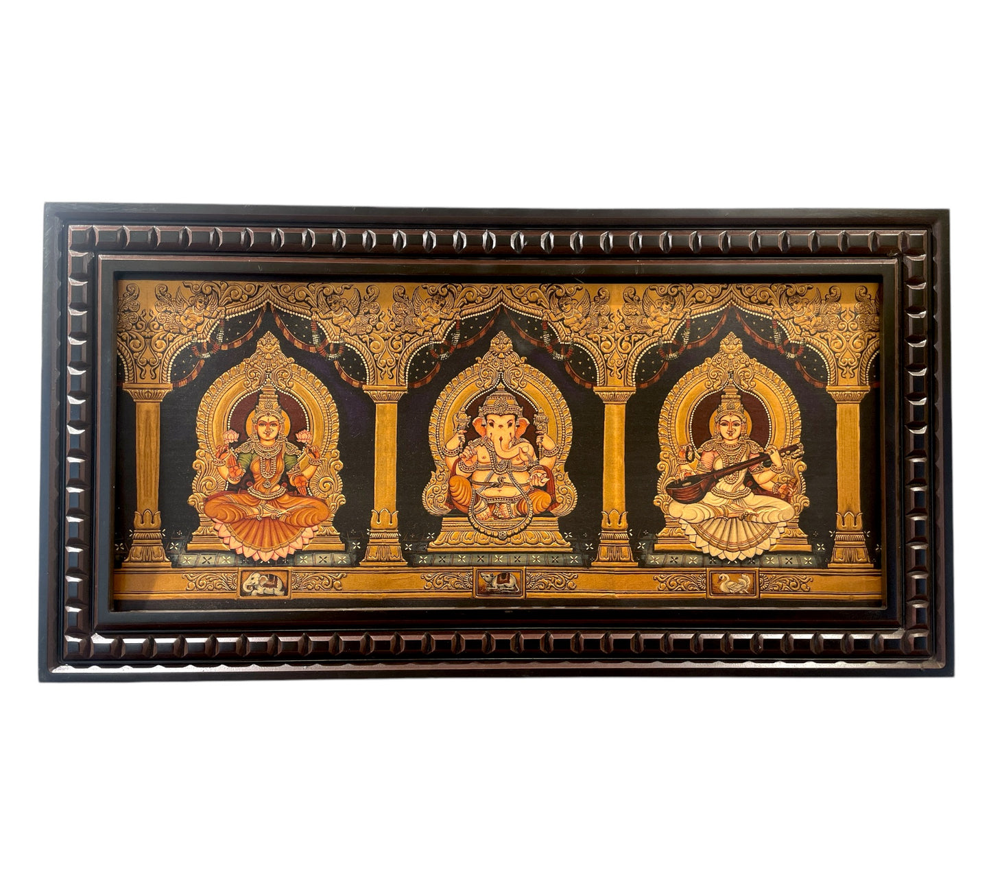 Ganesha Lakshmi Saraswati Gold foiled art within Wooden Frame