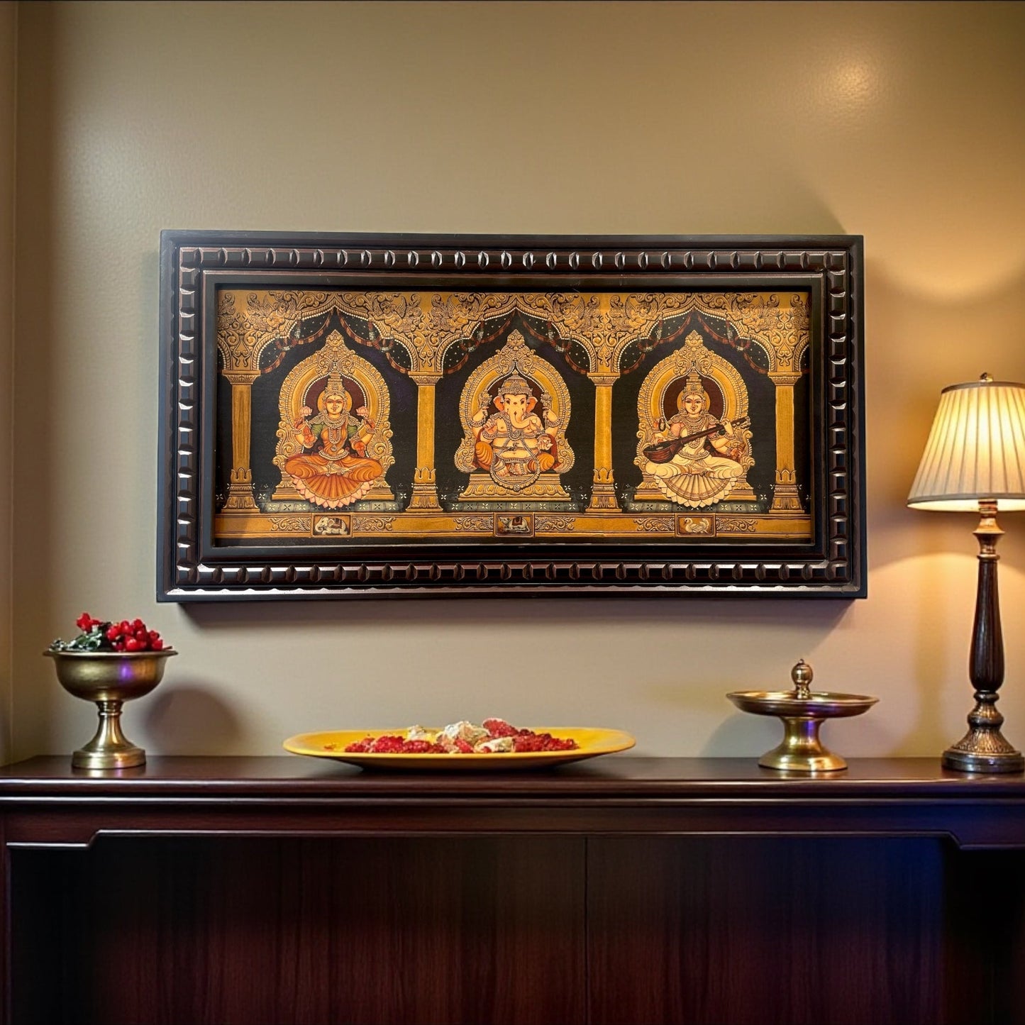 Ganesha Lakshmi Saraswati Gold foiled art within Wooden Frame