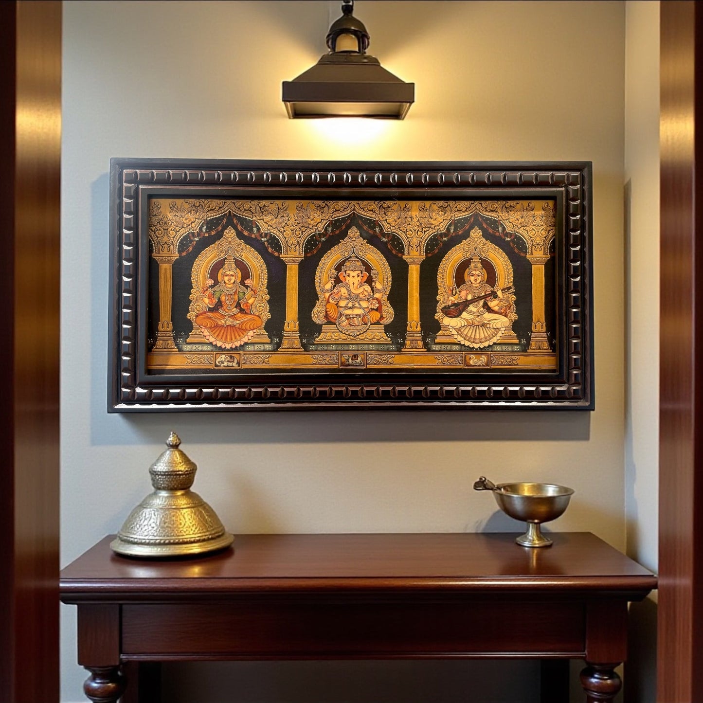 Ganesha Lakshmi Saraswati Gold foiled art within Wooden Frame