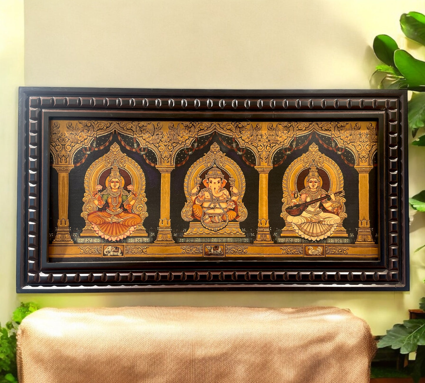 Ganesha Lakshmi Saraswati Gold foiled art within Wooden Frame