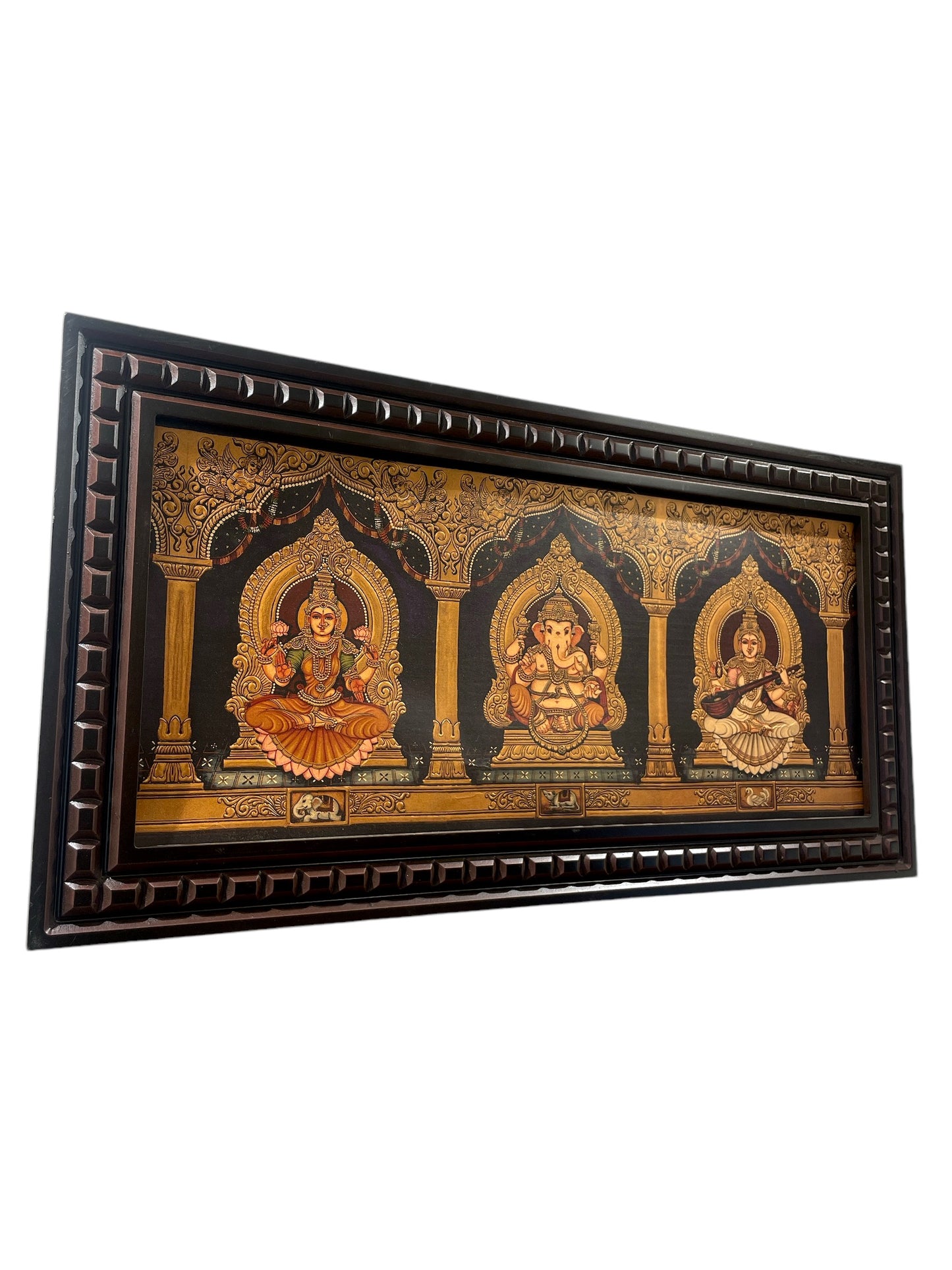 Ganesha Lakshmi Saraswati Gold foiled art within Wooden Frame