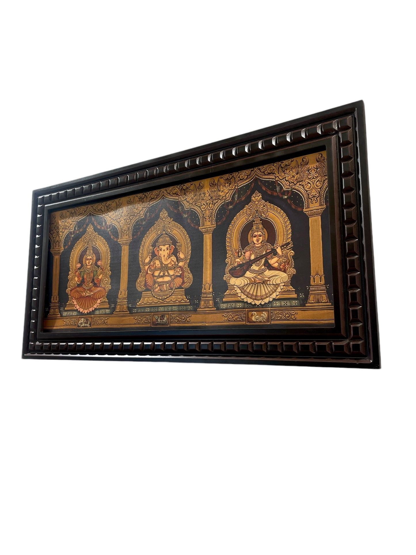 Ganesha Lakshmi Saraswati Gold foiled art within Wooden Frame