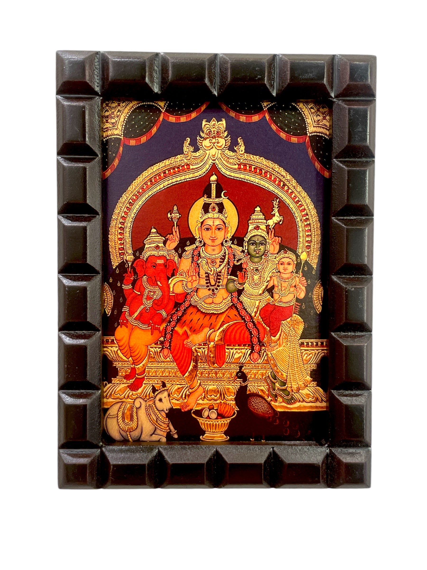 Shiva Parivar Blue Shiva Gold Leafed Art With Wooden Frame