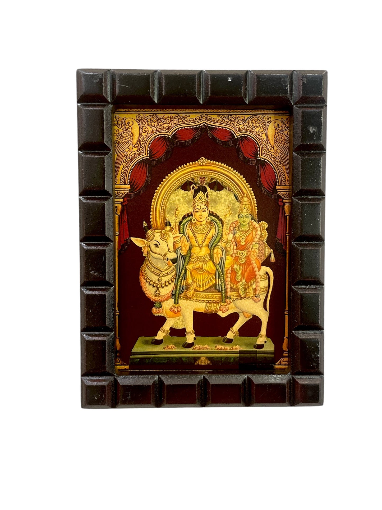 Shiva -Parvati On Nandi gold leafed art within a wooden frame