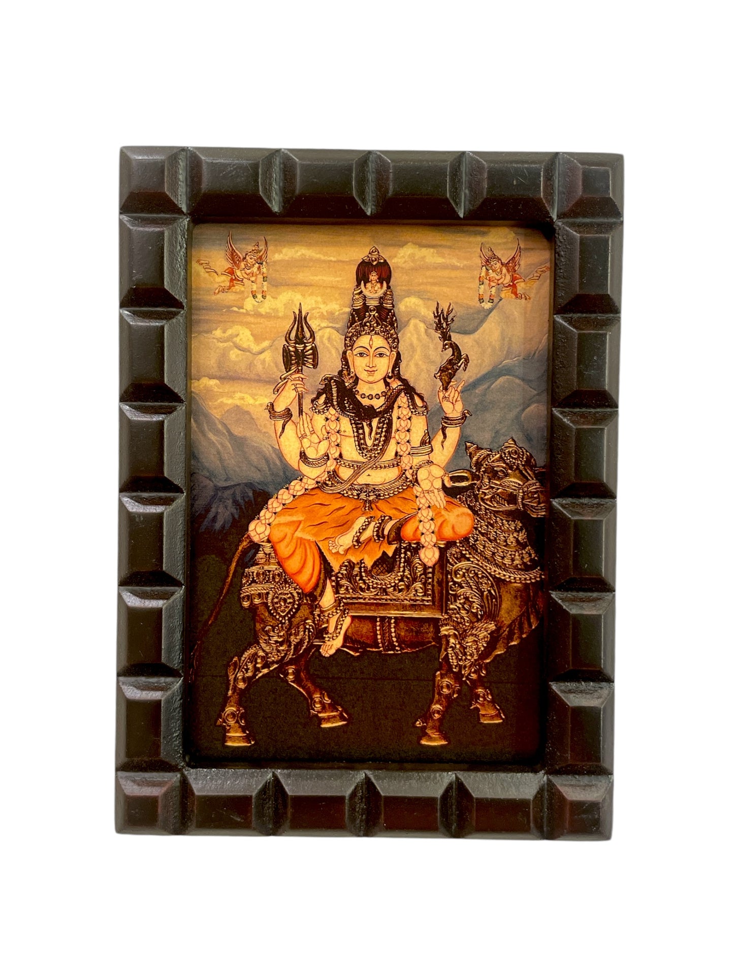 Shiva blessing seated on Vahan Nandi Gold Leafed Art With Wooden Frame