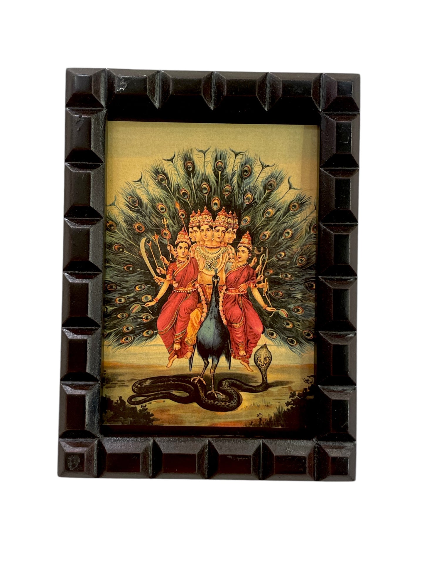 Murugan: Karthikeyan with valli & devyani Gold Leafed Art With Wooden Frame