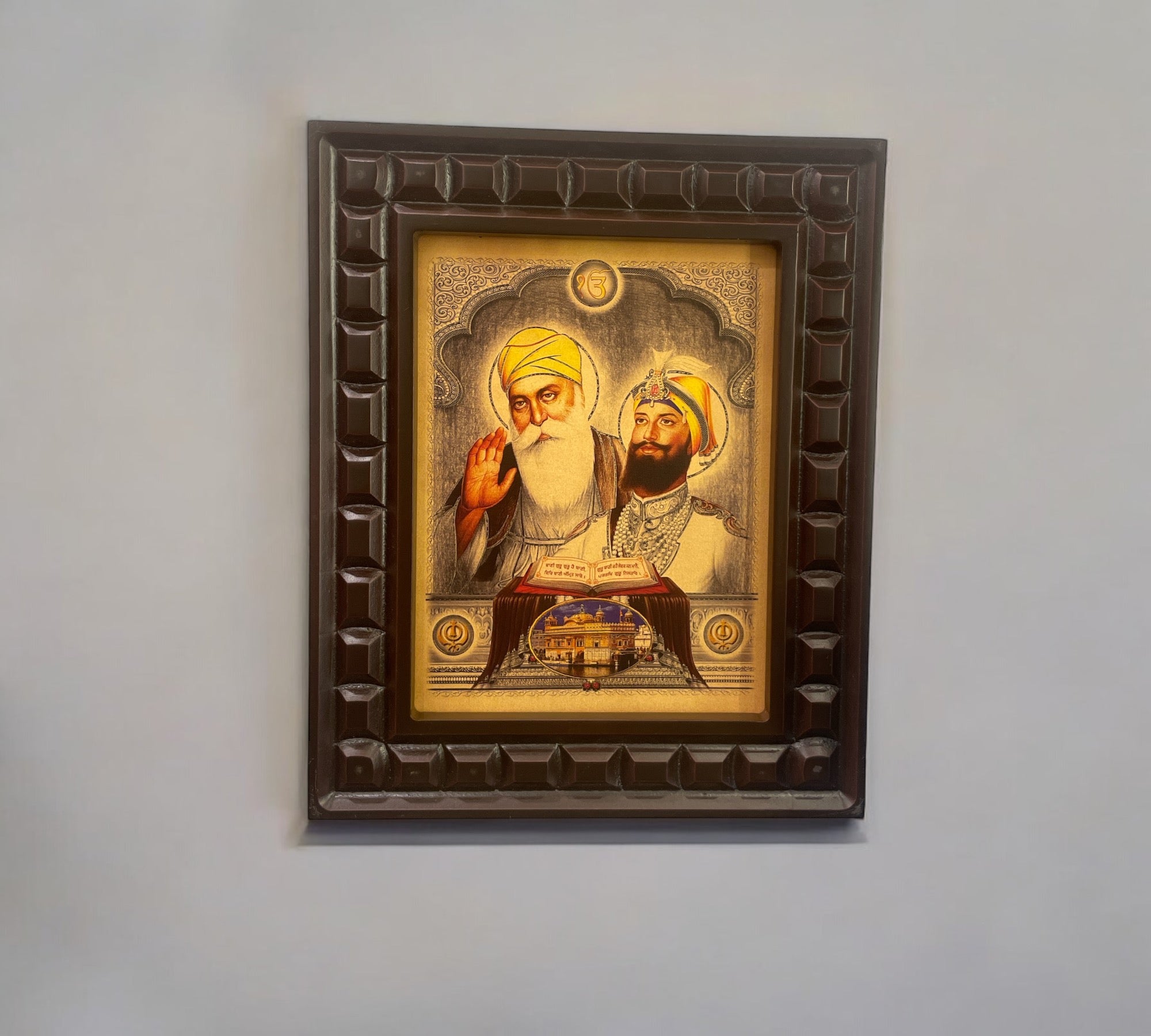 Anaadi Guru nanak ji & Guru gobindh singh Gold Leafed art within wooden frame