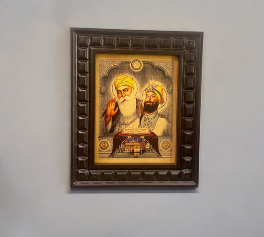 Anaadi Guru nanak ji & Guru gobindh singh Gold Leafed art within wooden frame