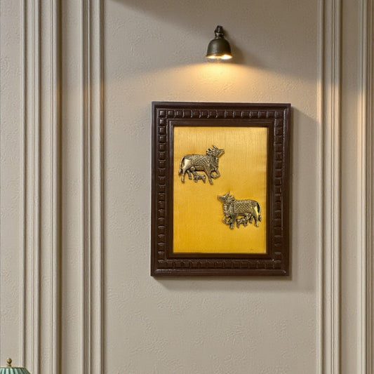 Brass Kamadhenu Wall Art with Yellow Silk Backdrop & Wooden Frame | Symbol of Prosperity &amp; Divine Blessings