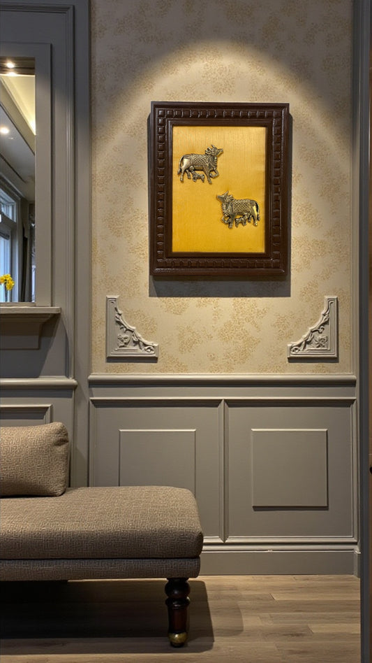 Brass Kamadhenu Wall Art with Yellow Silk Backdrop & Wooden Frame | Symbol of Prosperity &amp; Divine Blessings