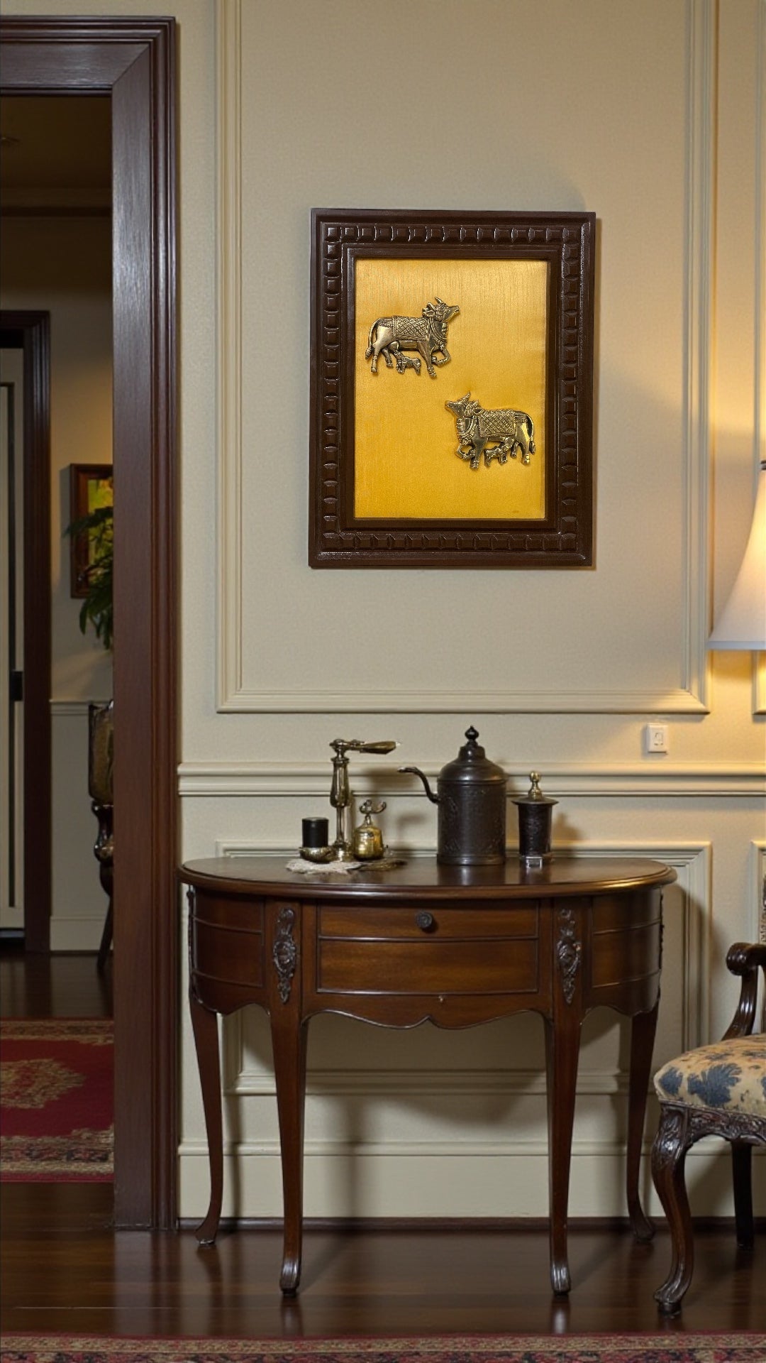 Brass Kamadhenu Wall Art with Yellow Silk Backdrop & Wooden Frame | Symbol of Prosperity &amp; Divine Blessings
