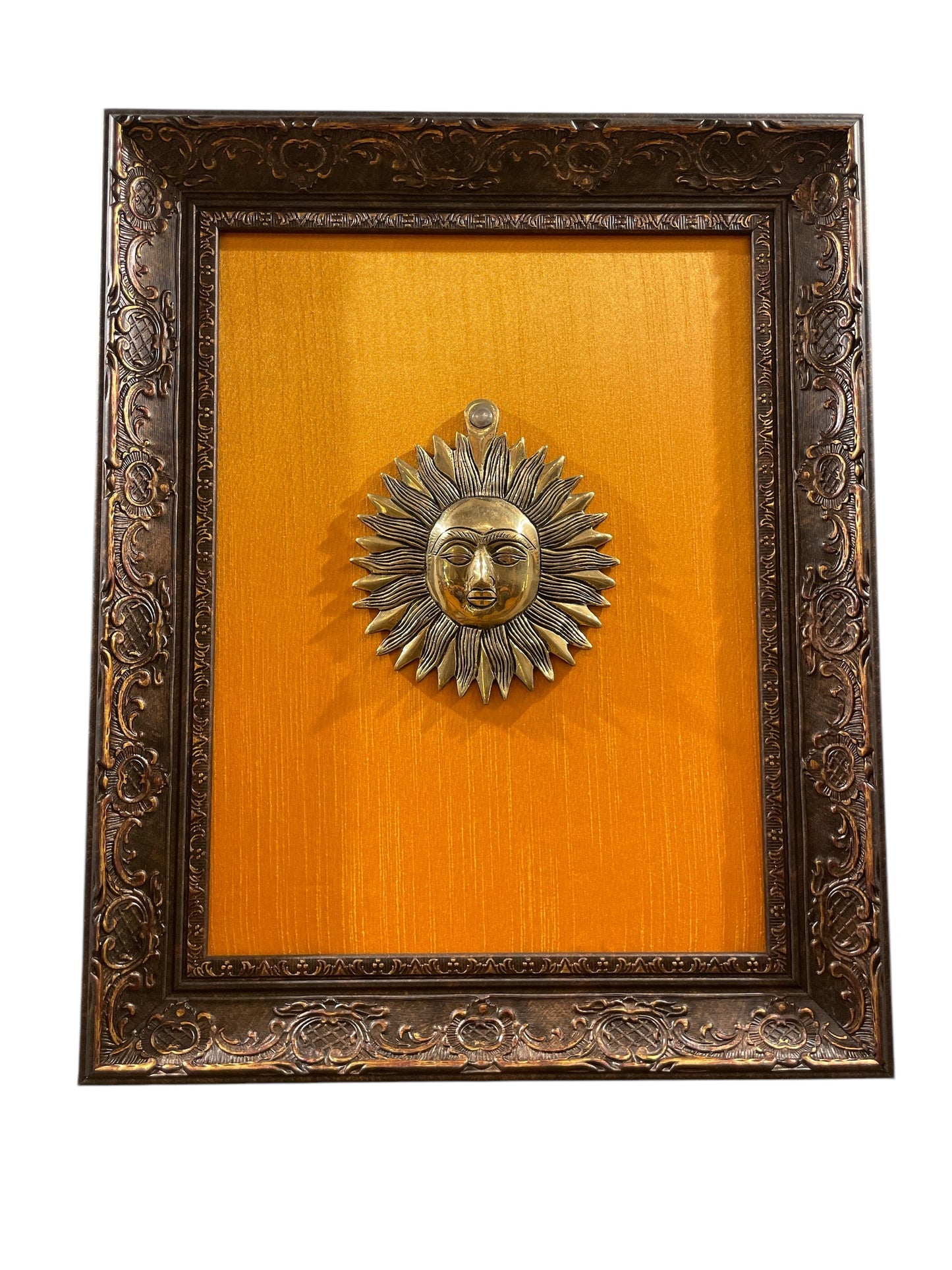 Brass Sun with Yellow silk Backdrop in Moulded Frame