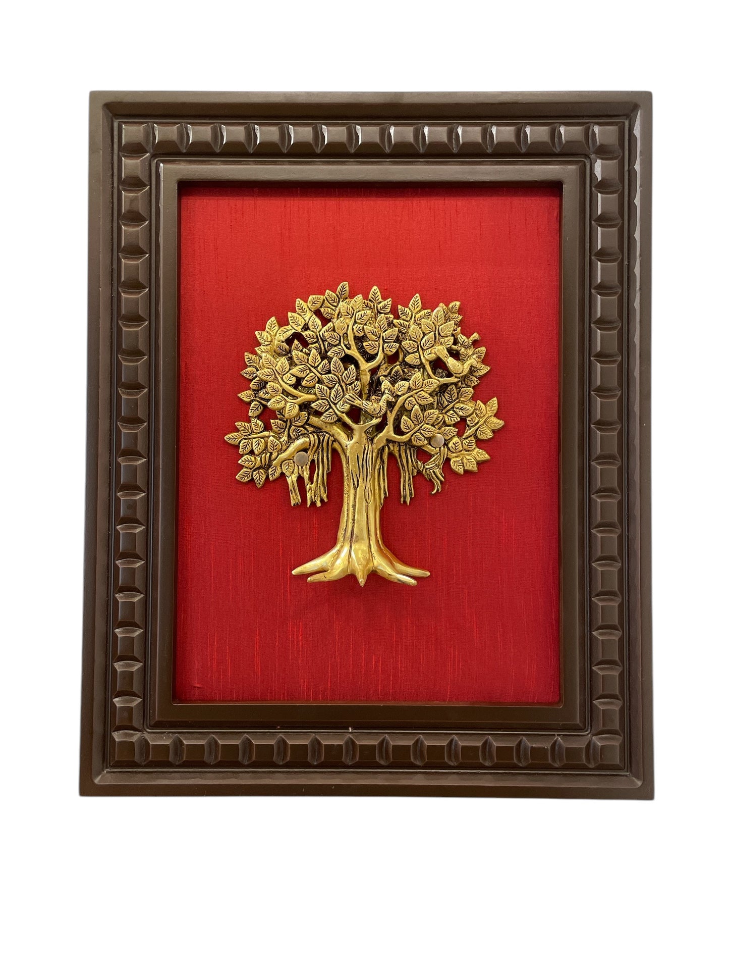 Brass Kalpavriksha with Red silk Backdrop in Wooden frame