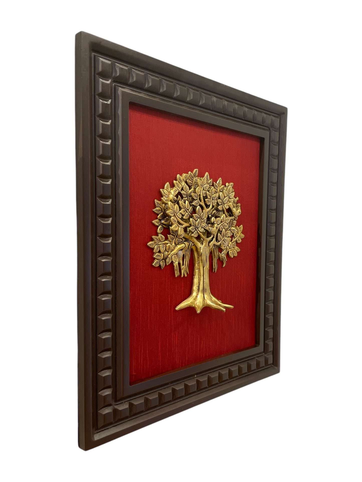 Brass Kalpavriksha with Red silk Backdrop in Wooden frame