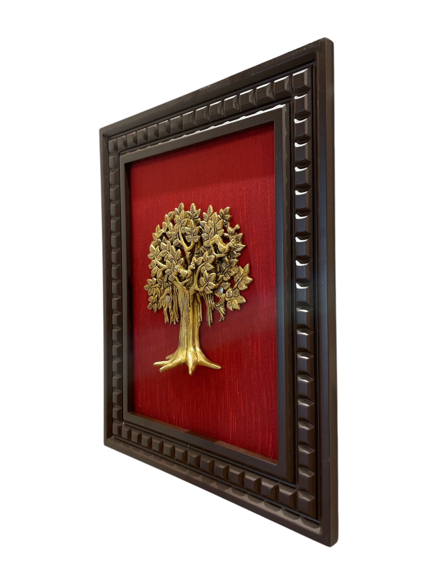 Brass Kalpavriksha with Red silk Backdrop in Wooden frame