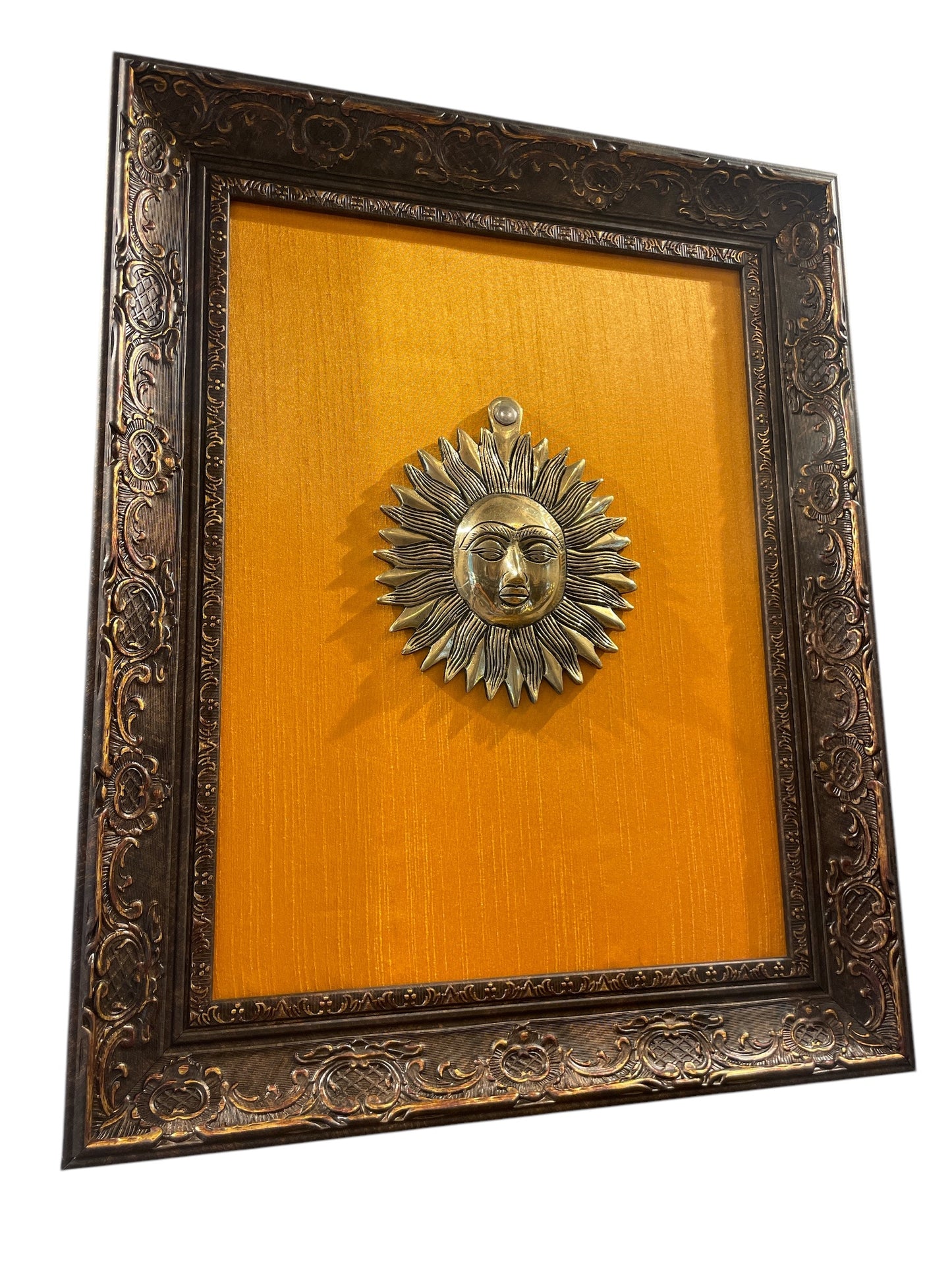 Brass Sun with Yellow silk Backdrop in Moulded Frame