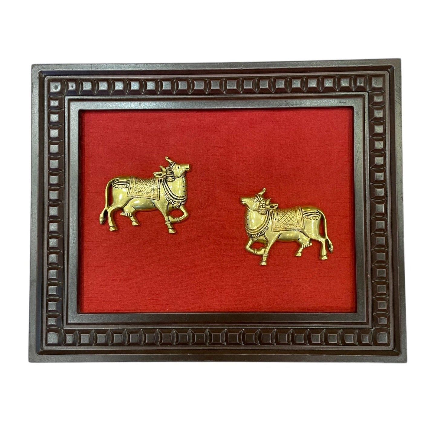 Brass Kamadhenu with wine Red Backdrop in wooden frame