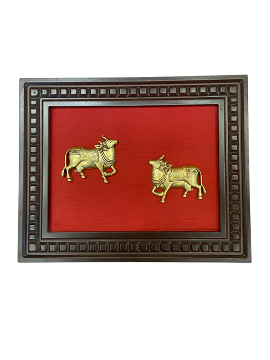 Brass Kamadhenu with wine Red Backdrop in wooden frame