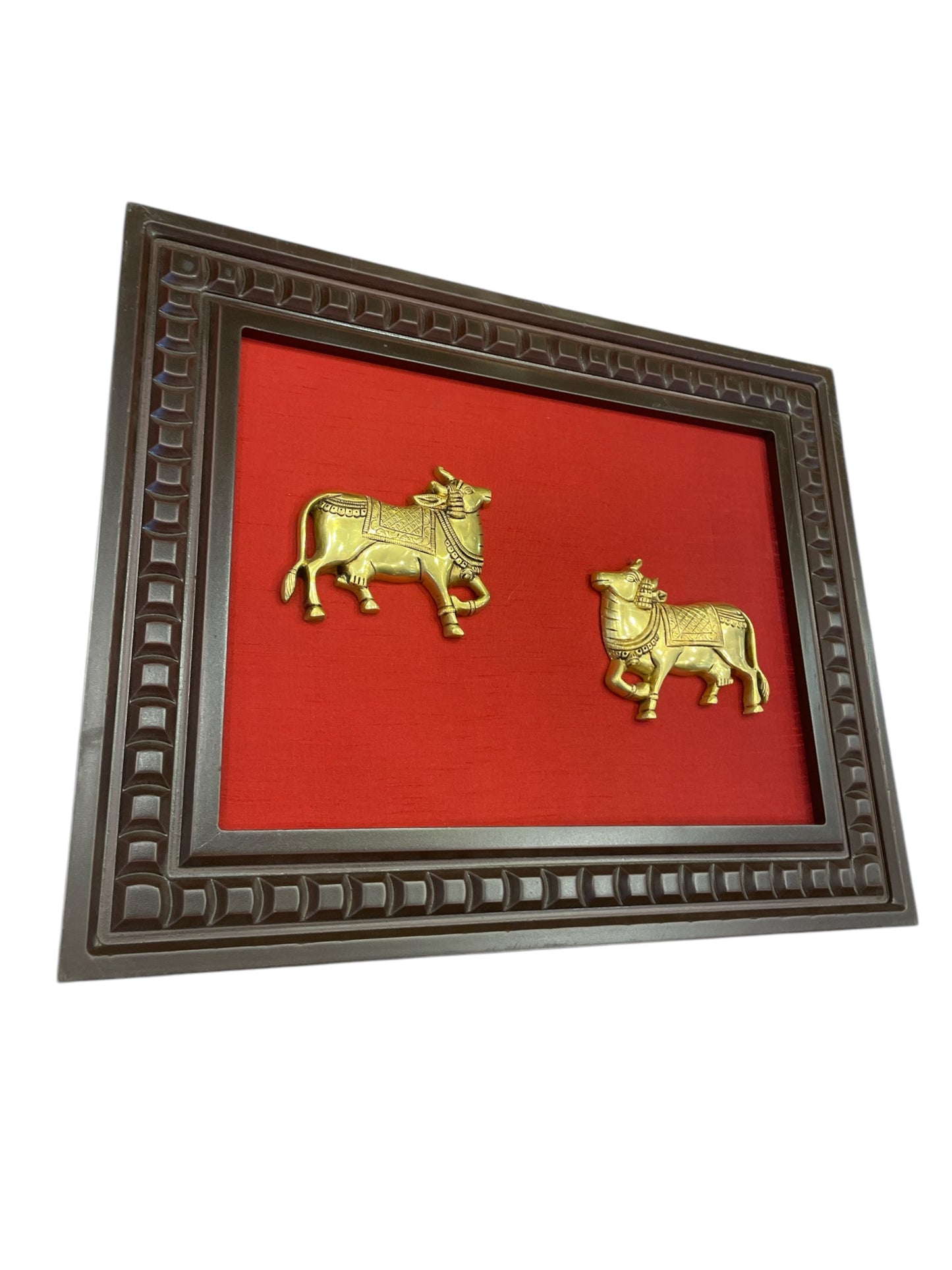 Brass Kamadhenu with wine Red Backdrop in wooden frame