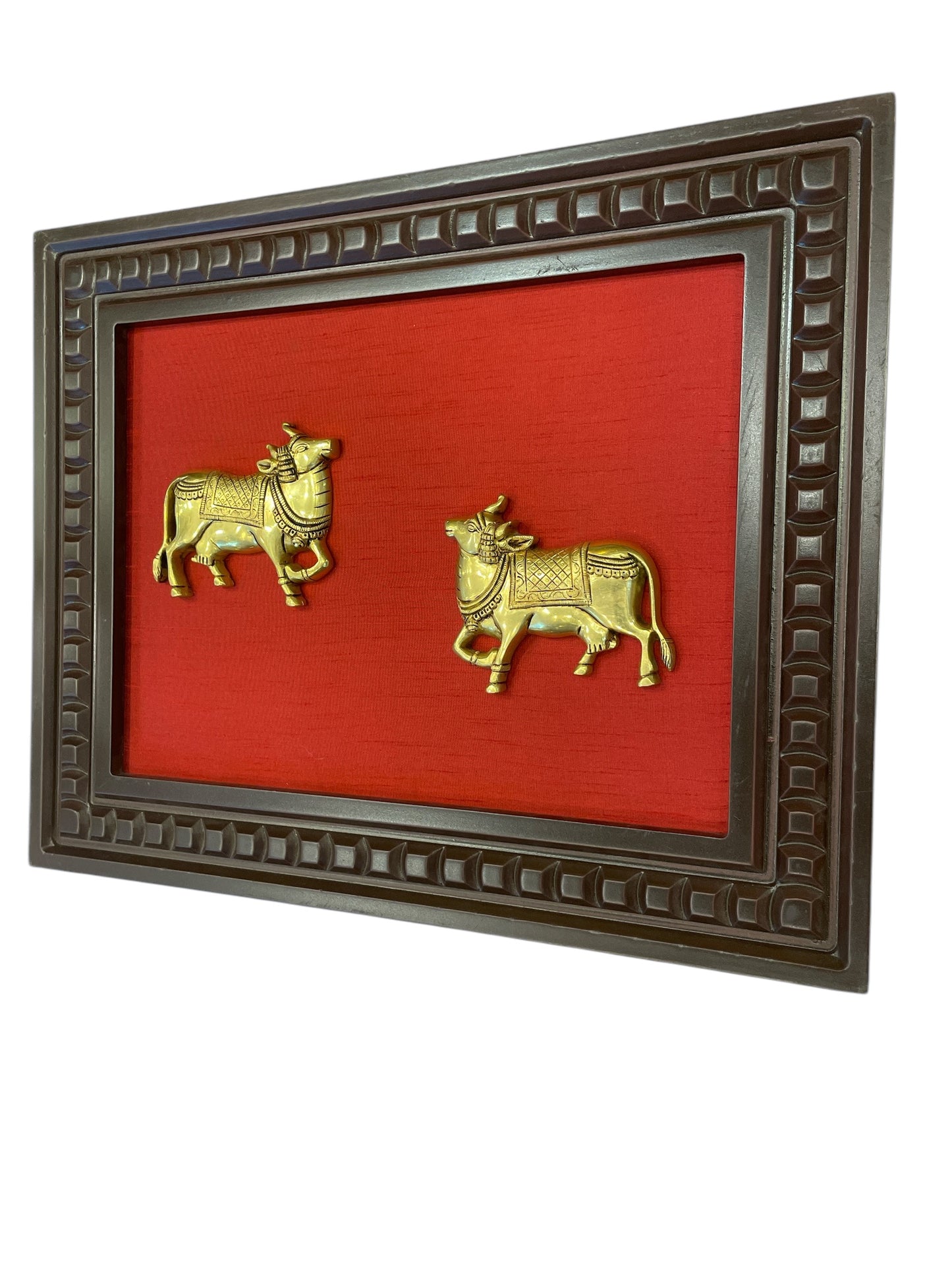 Brass Kamadhenu with wine Red Backdrop in wooden frame