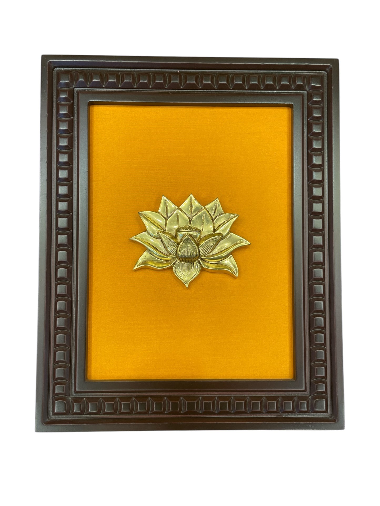 Brass Lotus with Yellow Backdrop within Wooden frames