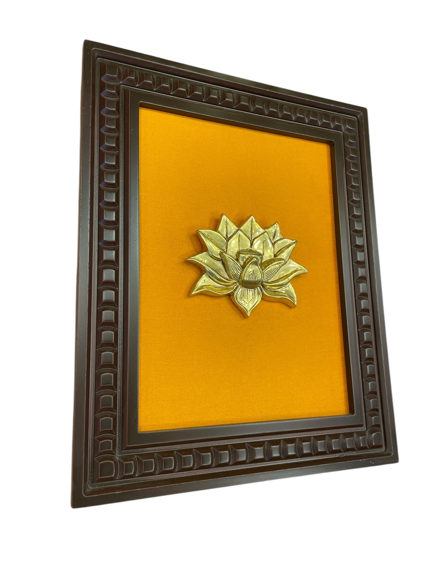 Brass Lotus with Yellow Backdrop within Wooden frames