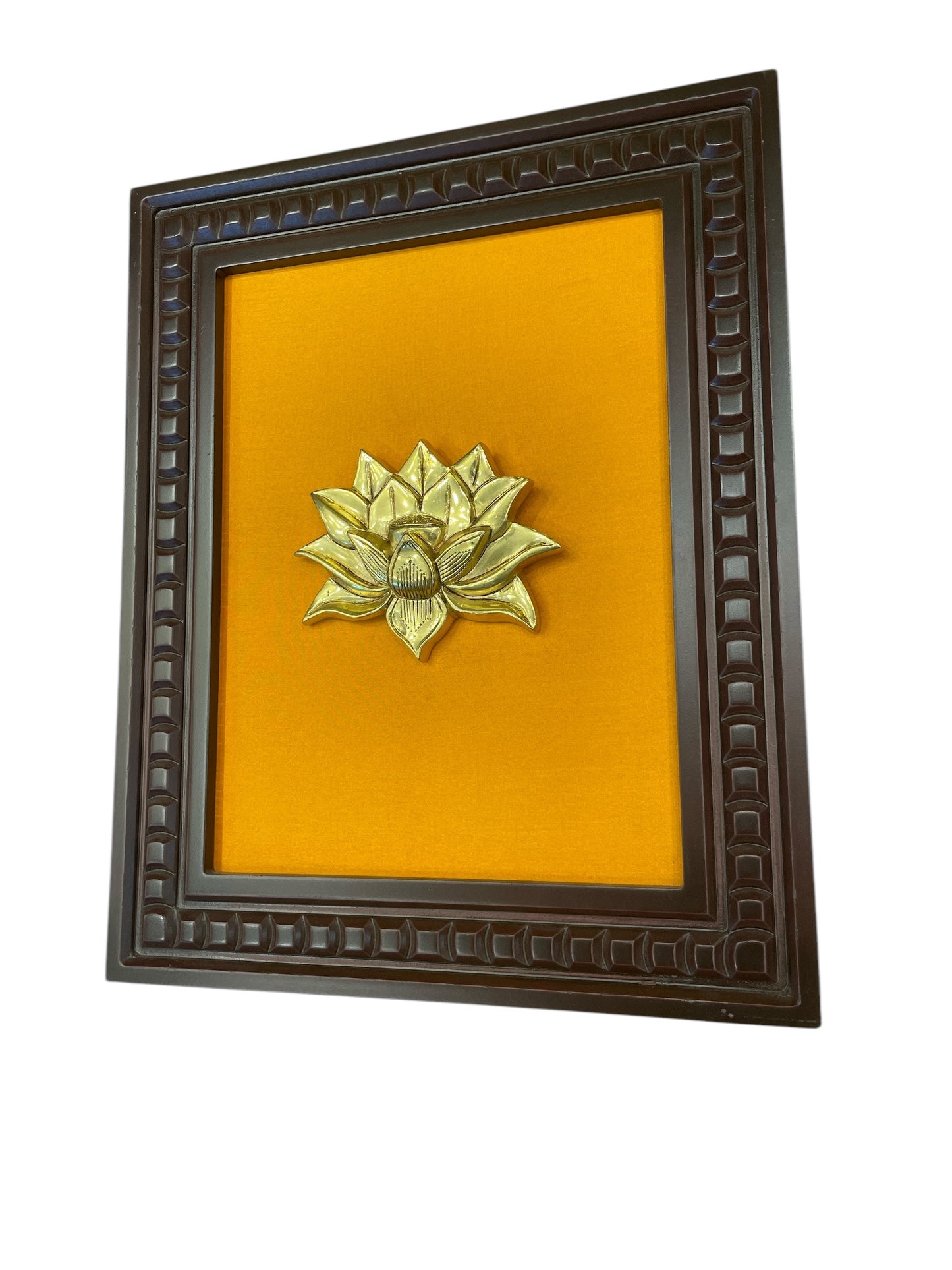 Brass Lotus with Yellow Backdrop within Wooden frames