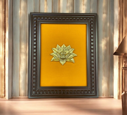 Brass Lotus with Yellow Backdrop within Wooden frames