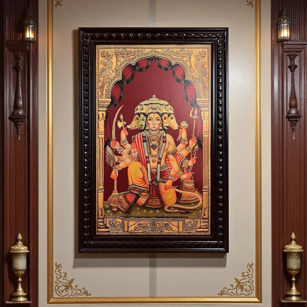 Gold Leafed Art Panchmukhi Hanuman - 2 With Wooden Frame