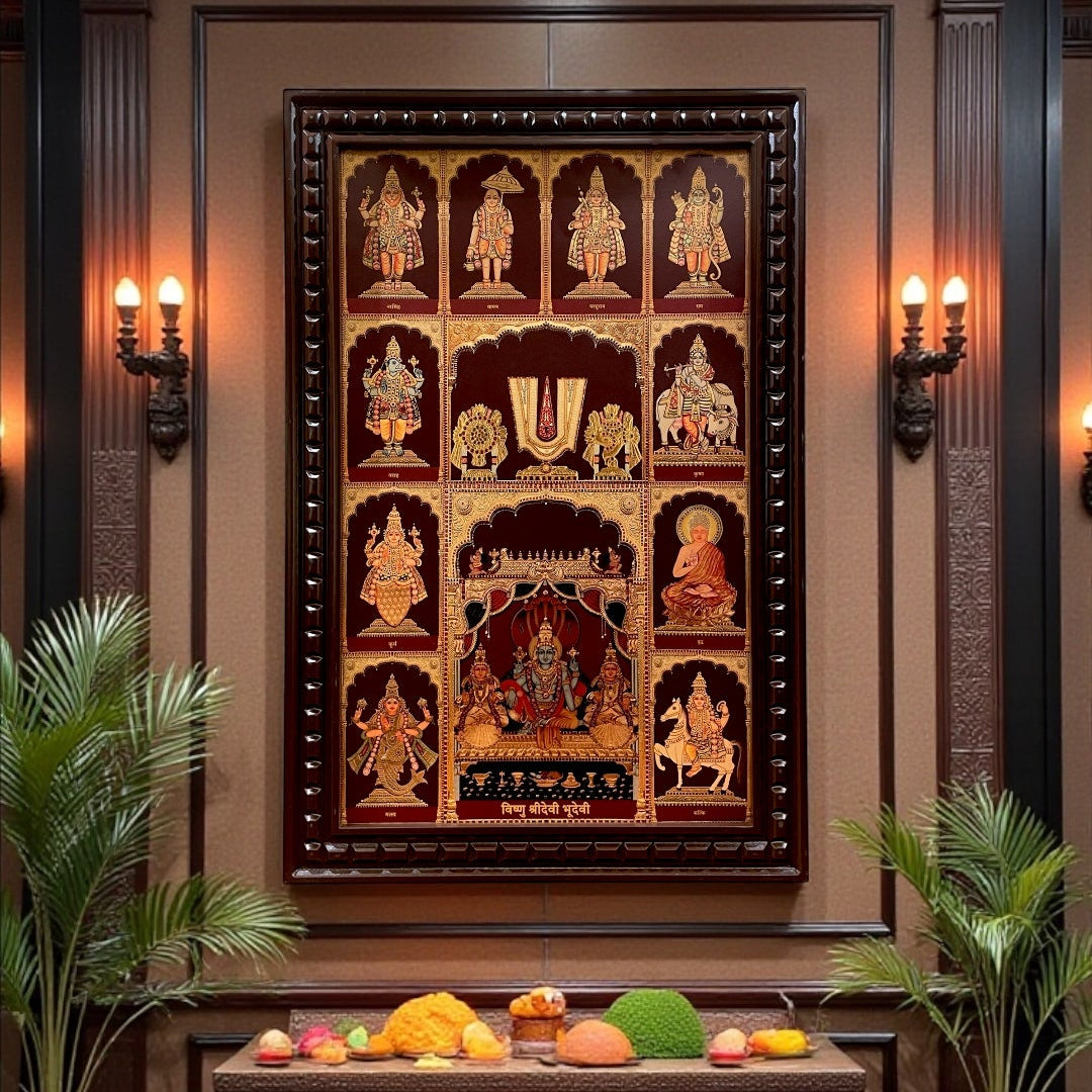 Dashavatara Vishnu Gold Leafed Art | Ten Incarnations of Lord Vishnu Wall Décor